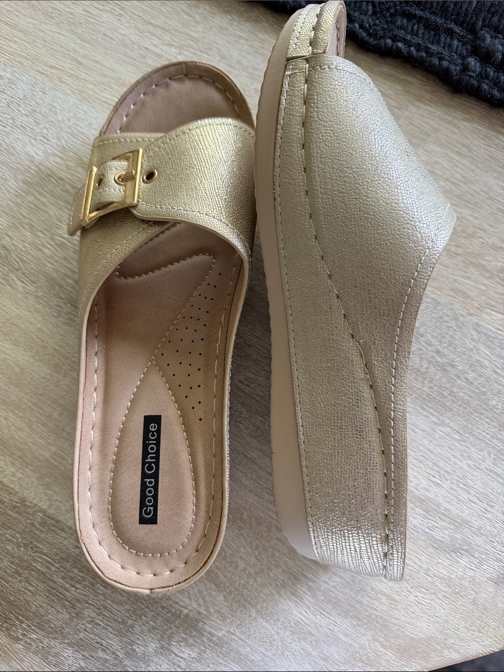 Good Choice Metallic Gold Slide Mules with Buckle Accent 8.5